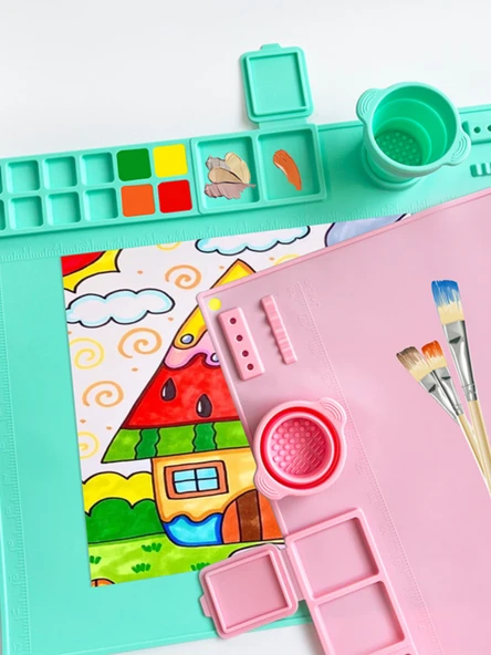 Silikon Sanat Boyama Matı - 50.7*42.8cm - Pembe - Büyük - Çıkarılabilir Cup Seti - 2