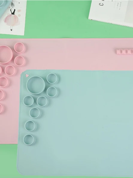 Silikon Sanat Boyama Matı - 50.7*42.8cm - Pembe - Büyük - Çıkarılabilir Cup Seti - 6