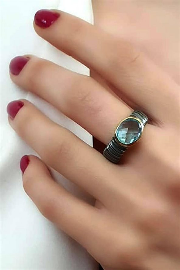 Aquamarin Taşlı Gümüş El İşi Tasarım Yüzük ürün görseli