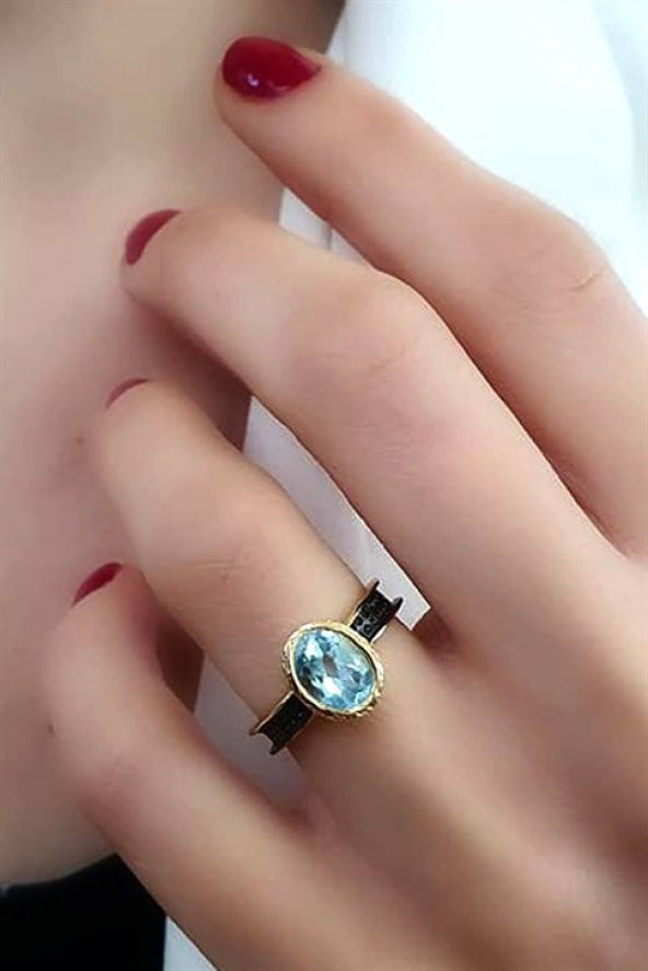 Aquamarin Taşlı Tasarım El İşi Gümüş Yüzük ürün görseli