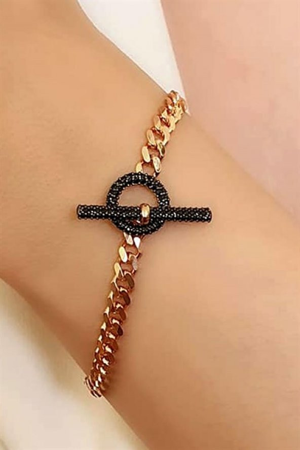 İtalyan Tasarımı Oniks Taş Detaylı Gümüş Rose Bileklik ürün görseli