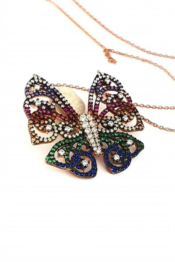 Kelebek Figürlü Gümüş Rose Kolye ürün görseli