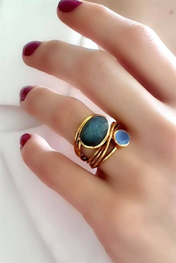 Kalsedon Ve Rutil Kuvars Taşlı Rose El İşi Tasarım Yüzük ürün görseli