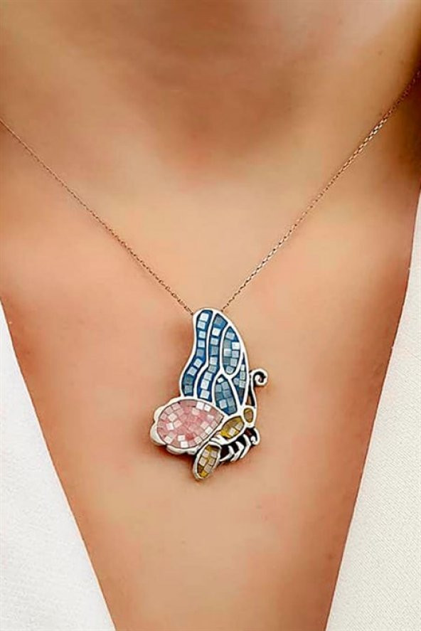 Mozaik Sedef Taşlı Kelebek 925 Ayar Gümüş Kolye ürün görseli