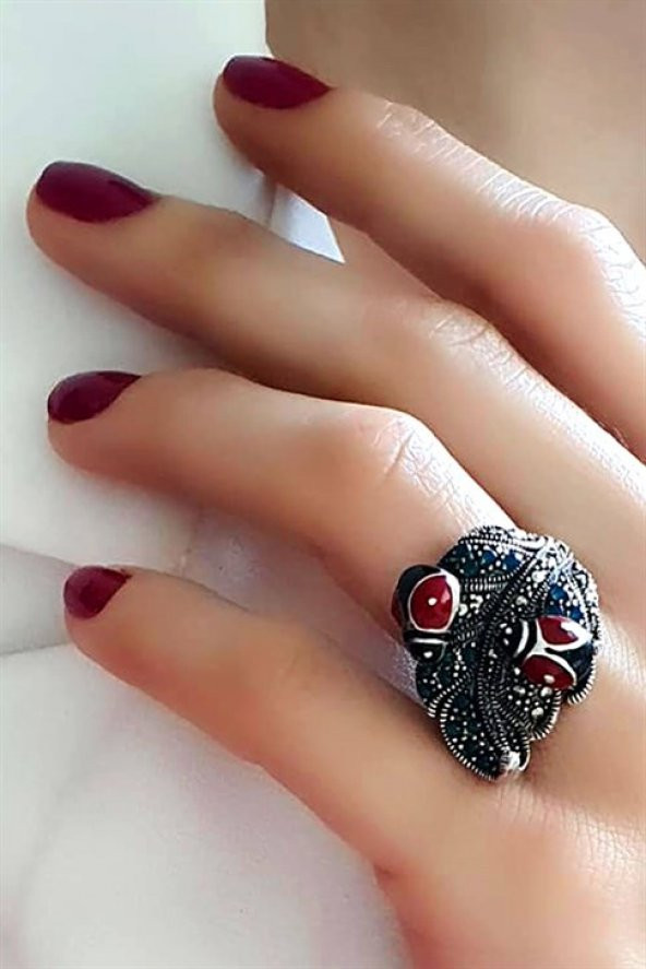 Markazit Ugur Böceği Detaylı Gümüş Tasarım Lüks Yüzük ürün görseli