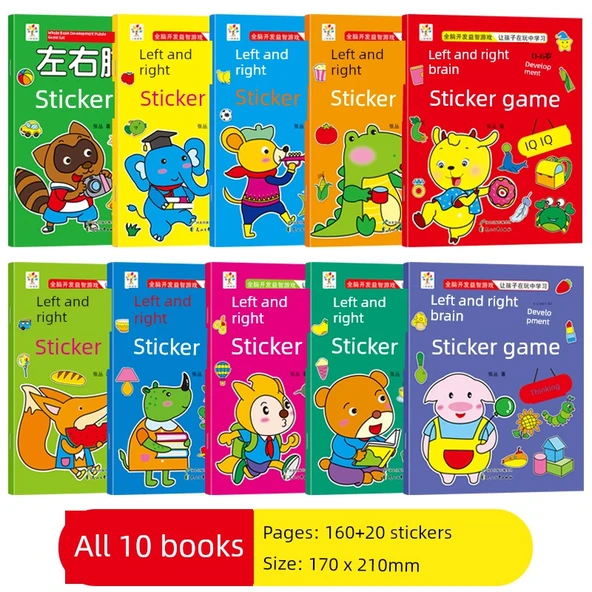 Çocuklar için Öğrenme Çıkartma Kitabı - Sol ve Sağ Beyin Gelişimi Oyunları - 10 Kitap