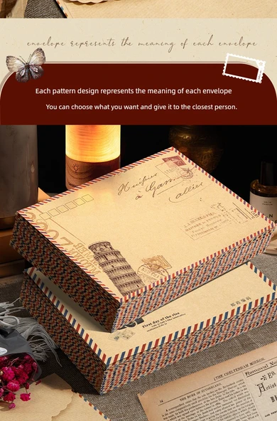 Retro Hava Postası Kraft Kağıt Zarf Seti - Havacılık Zarfı/Beyaz - 4 Adet 1 Paket - 5
