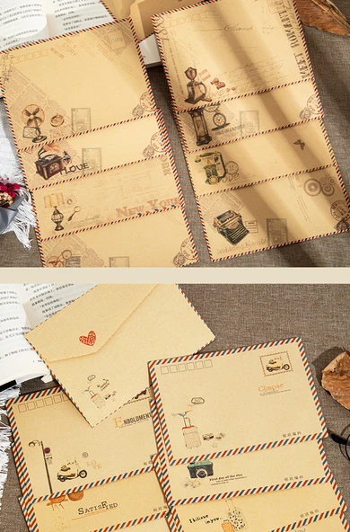 Retro Hava Postası Kraft Kağıt Zarf Seti - Beyaz - 2 Paket/16 A5 Gül Mektup Kağıdı - 8