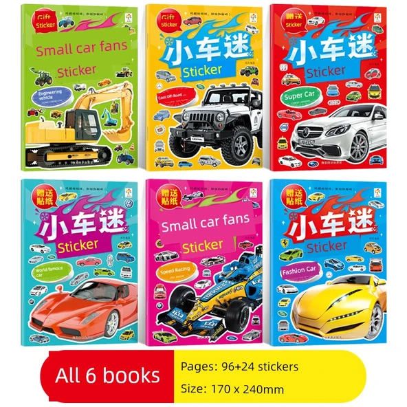 Çocuklar için Öğrenme Çıkartma Kitabı - Küçük Araba Hayranları için 6 Kitap