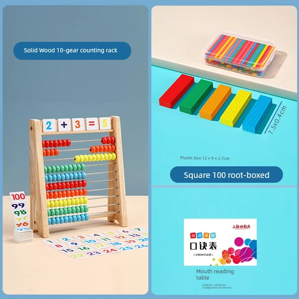 Erken Eğitim Abaküsü - 3 set 10 dişli aritmetik raf + 100 kare çubuk (kutulu) + formül tablosu