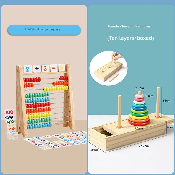Erken Eğitim Abaküsü - 2 set 10 dişli aritmetik raf + büyük Hannover Kulesi (ahşap kutu)