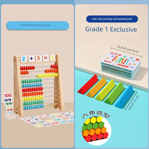 Erken Eğitim Abaküsü - 2 set 10 dişli aritmetik raf + ahşap altıgen tahta (demir kutu)