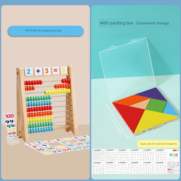 Erken Eğitim Abaküsü - 2 set 10 dişli aritmetik raf + ahşap yapboz 11x11 cm (kutulu)