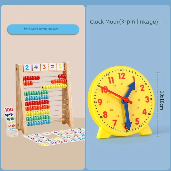 Erken Eğitim Abaküsü - 2 set 10 dişli aritmetik raf + saat modeli