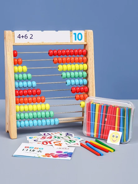 Erken Eğitim Abaküsü - 4 set 10 dişli aritmetik raf + 100 kare çubuk (kutulu) + saat modeli + formül tablosu - 2