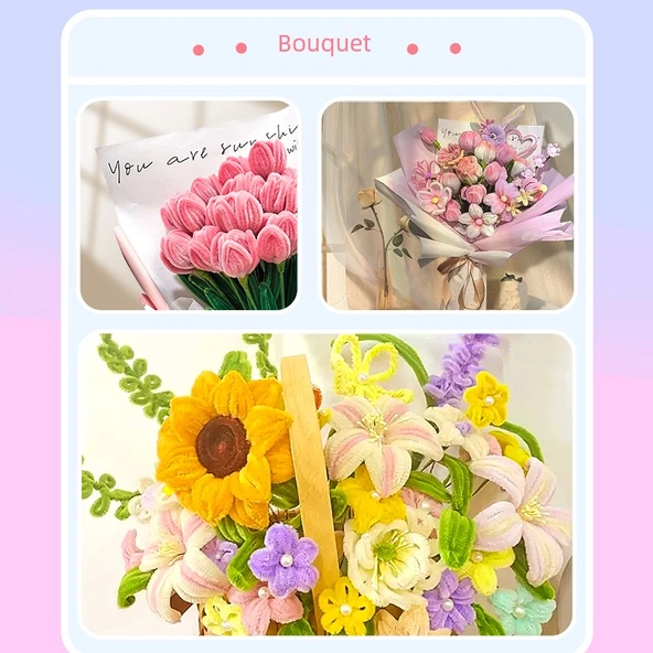 DIY Dönme Çubuğu Buket Malzeme Kiti - Pembe Jade Lale 32 Çiçek - 3