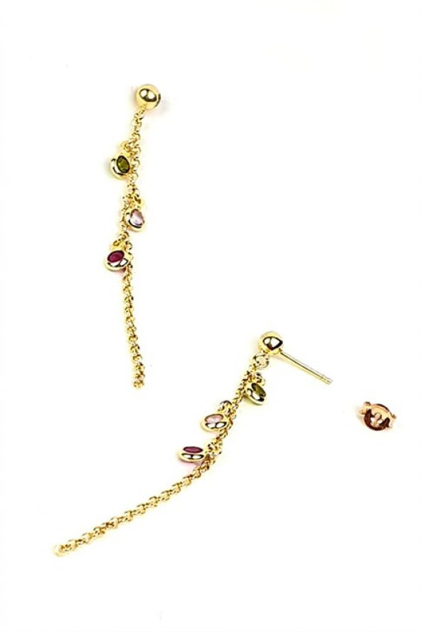 Renkli Swarovski Taşlı 925Ayar Gümüş Altın Kaplama Sallantılı Küpe ürün görseli