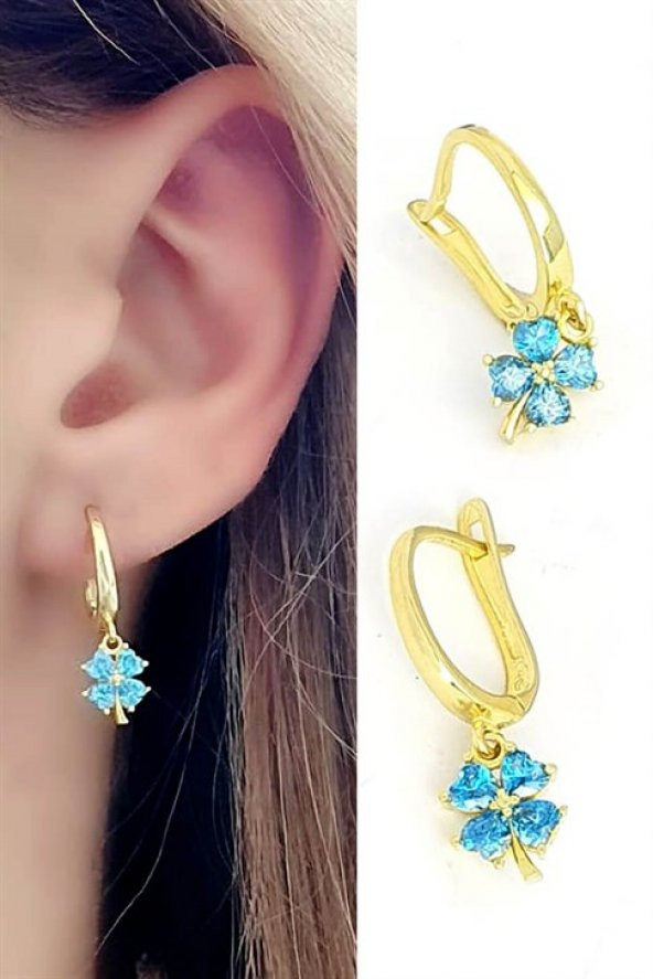 Aquamarin 925 Ayar Gümüş Üzerine Altın Kaplama Yonca Küpe ürün görseli