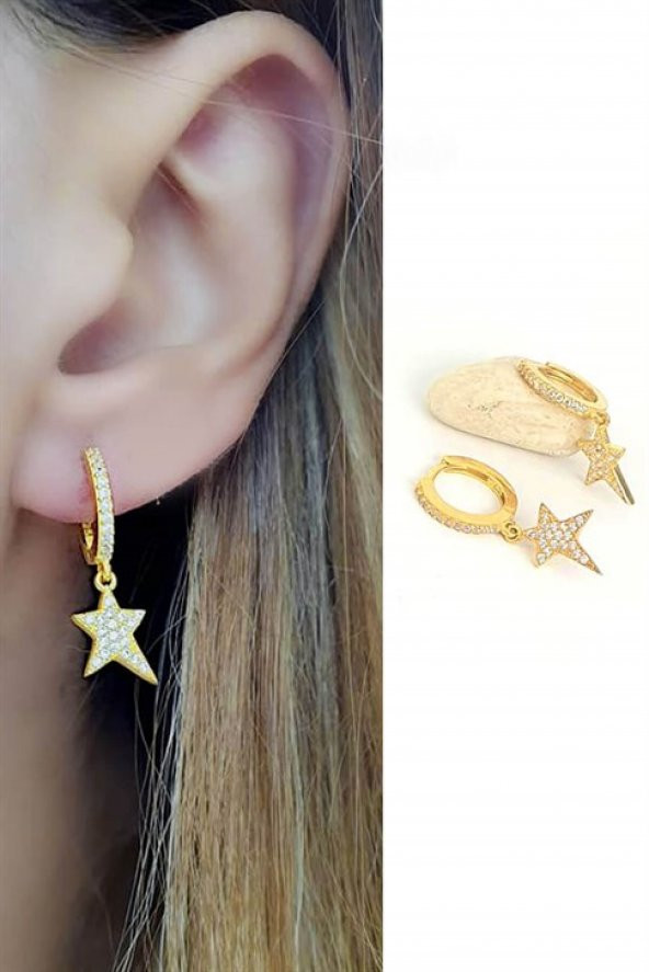 Zirkon Taşlı 925 Ayar Gümüş Üzerine Altın Kaplama Yıldız Küpe ürün görseli