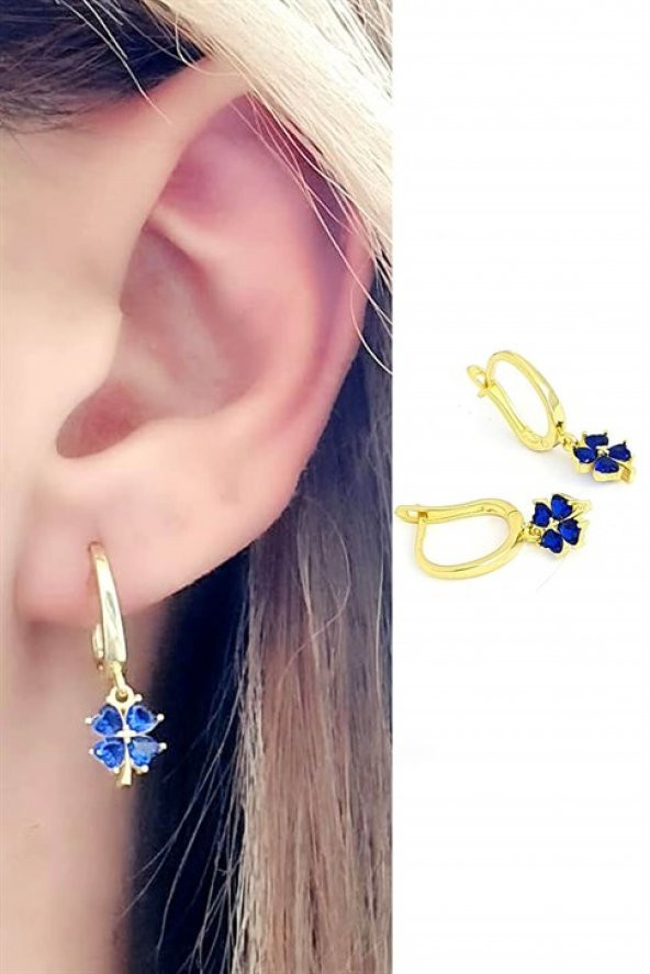 Lacivert Zirkon Taşlı 925 Ayar Gümüş Üzerine Altın Kaplama Yonca Küpe ürün görseli