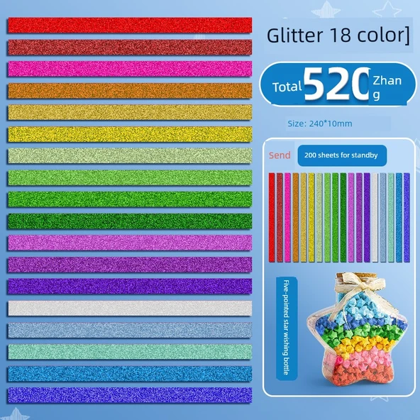 DIY Simli Origami Kağıt Yıldız Katlama Kiti - 18 Renk - 520 Sayfa - 200 Yedek Sayfa + Beşgen Yıldız Dilek Şişesi