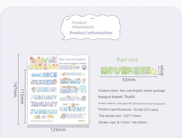 İngiliz Alfabesi Sevimli Günlük Çıkartmaları - Kağıt + PET/Abu İngilizce - 2 Paket - Resim 7