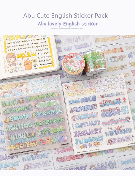 İngiliz Alfabesi Sevimli Günlük Çıkartmaları - Kağıt + PET/Abu İngilizce - 2 Paket - Resim 6