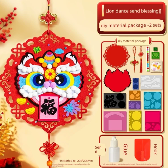 Yeni Yıl El Yapımı Fu Karakteri Çıkartmaları - 2 Set - Aslan Dansı DIY Malzeme Paketi - Yapıştırıcı + Kanca