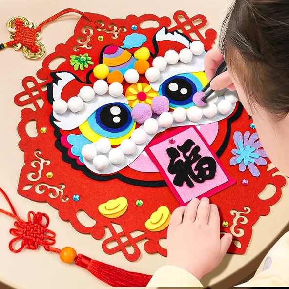 Yeni Yıl El Yapımı Fu Karakteri Çıkartmaları - Geliştirilmiş Malzeme - Koku Yok - 2 Set - Aslan Dansı DIY Malzeme Paketi - Yapıştırıcı + Kanca - 6