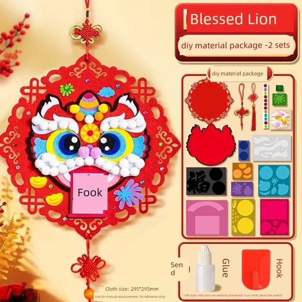 Yeni Yıl El Yapımı Fu Karakteri Çıkartmaları - Geliştirilmiş Malzeme - Koku Yok - 2 Set - Aslan Dansı DIY Malzeme Paketi - Yapıştırıcı + Kanca