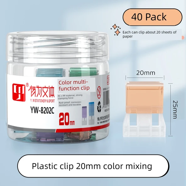 İz Bırakmayan Klipsli Dosya - 40 Paket Plastik 20mm Renkli Karışım