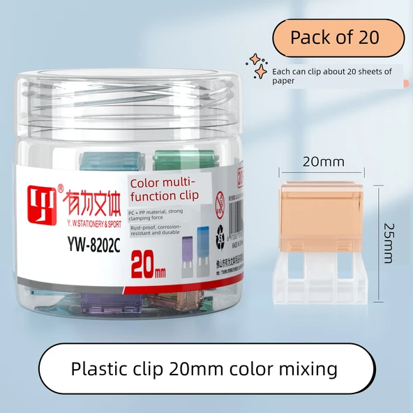 İz Bırakmayan Klipsli Dosya - 20 Paket Plastik 20mm Renkli Karışım