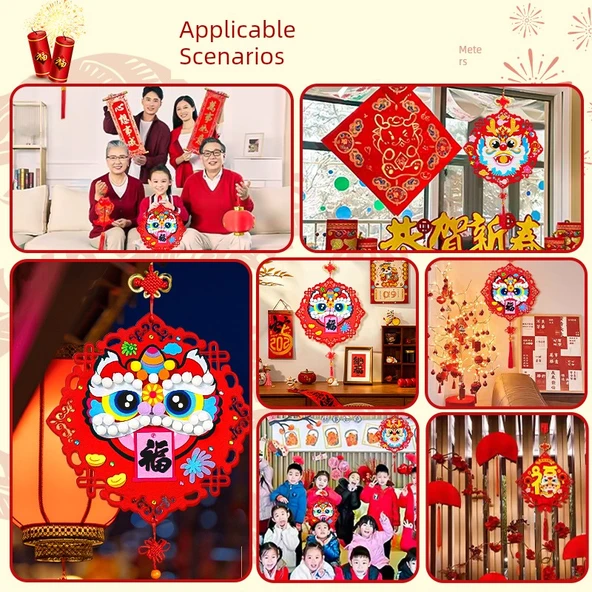Yeni Yıl El Yapımı Fu Karakteri Çıkartmaları - Geliştirilmiş Malzeme - Koku Yok - 2 Set - Aslan Dansı DIY Malzeme Paketi - Yapıştırıcı + Kanca - 2