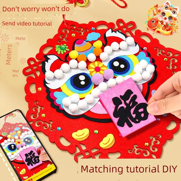 Yeni Yıl El Yapımı Fu Karakteri Çıkartmaları - Geliştirilmiş Malzeme - Koku Yok - 2 Set - Aslan Dansı DIY Malzeme Paketi - Yapıştırıcı + Kanca - 3