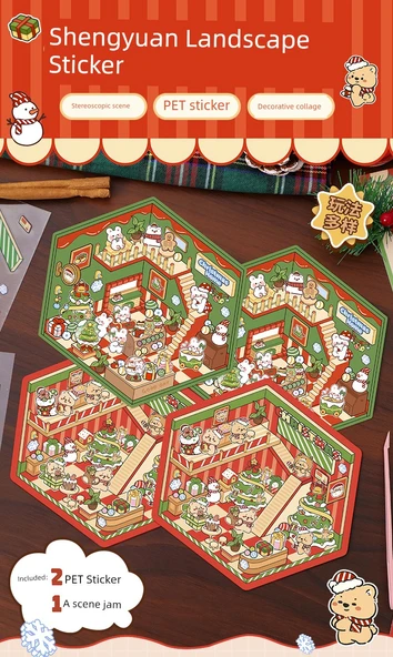 Noel 3D Manzara Çıkartmaları DIY Miniatür Sahne - Bal Kutusu Ayısı + Tavşan Evi (2 paket) (Cımbız ile birlikte) - 7