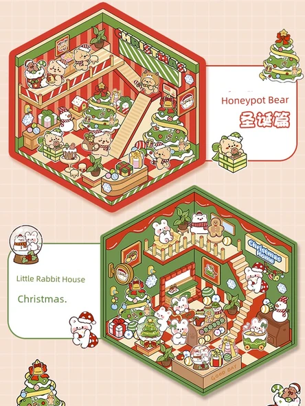 Noel 3D Manzara Çıkartmaları DIY Miniatür Sahne - Bal Kutusu Ayısı + Tavşan Evi (2 paket) (Cımbız ile birlikte) - 3