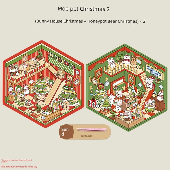 Noel 3D Manzara Çıkartmaları DIY Miniatür Sahne - Bal Kutusu Ayısı + Tavşan Evi (2 paket) (Cımbız ile birlikte)