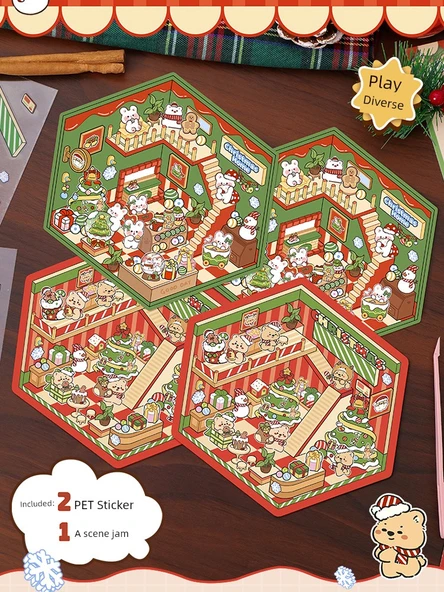 Noel 3D Manzara Çıkartmaları DIY Miniatür Sahne - Bal Kutusu Ayısı + Tavşan Evi (2 paket) (Cımbız ile birlikte) - 2