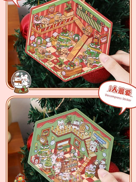 Noel 3D Manzara Çıkartmaları DIY Miniatür Sahne - Bal Kutusu Ayısı + Tavşan Evi (2 paket) (Cımbız ile birlikte) - 6