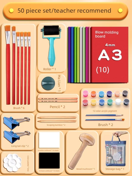 A3 Plastik Köpük Kağıt Seti 50 Parça Akrilik Pigmentli ve Çanta ile