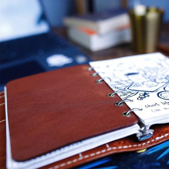 Gerçek Deri A6 Gevşek Yaprak Defter - Kestane Rengi - Ayırıcı Sayfa ile - 6