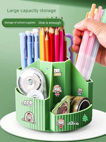 Sevimli 360 Derece Çocuklar Dönme Kalemlik - Şeftali Pudrası + Üç Hücreli Kalem Kutusu + Çıkartmalar + 3D Yama (Bir Alana Bir Bedava) - 3