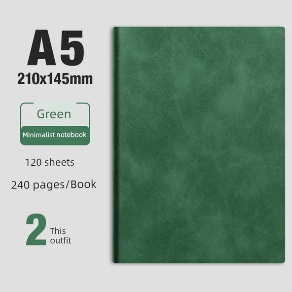 A5 Deri Defter - Kalınlaştırılmış Basit 2 Koyu Yeşil (240 sayfa)