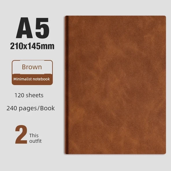 A5 Deri Defter - Kalınlaştırılmış Basit 2 Kahverengi (240 sayfa)