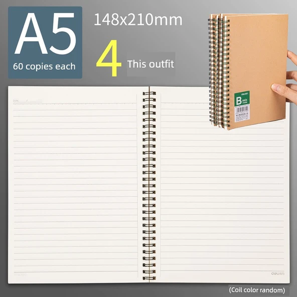 Deli Retro Minimalist Spiral Defter - Kahverengi Ambalaj Kağıdı - A5 - 60 Sayfa - 4 Paket