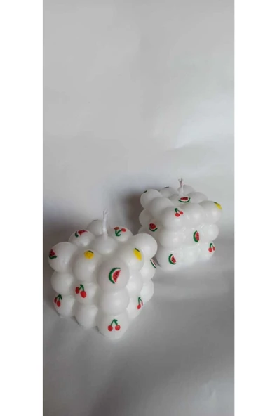 Kokulu Dekoratif Meyve Desenli 2li Beyaz Bubble Mum -