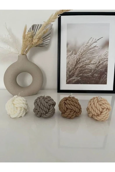 Soya Wax Dekoratif Örgü Yumak Düğüm Mum 4'lü Set Kahve