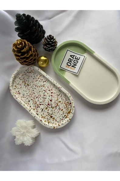 2'li Dekoratif Oval Beton Yılbaşı Tabak Takı Tabağı Mum Tabağı Organizer Yeni Yıl New Year - Resim 3