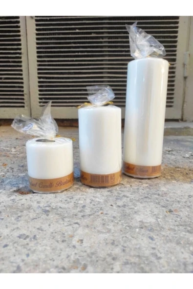 3'lü Set Kütük Silindir Beyaz Mum 20 Cm X 7 Cm, 12 Cm X 7 Cm, 7 Cm X 7 Cm (üçlü Set)