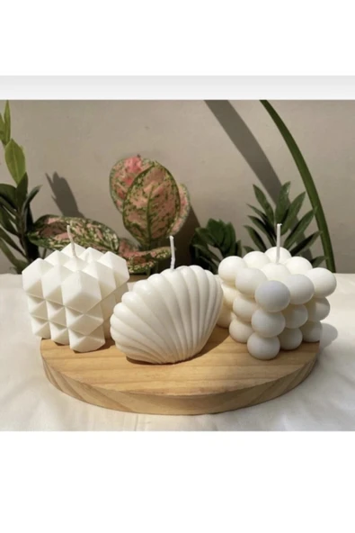 3lü Beyaz Renk Kokulu Bubble Istiridye Prizma Mum Seti ürün görseli